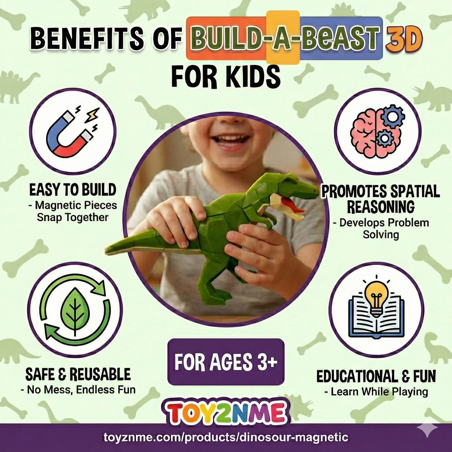 3D Magnetic T-Rex Puzzle (Green)- Trending Toy For Kids & Adults