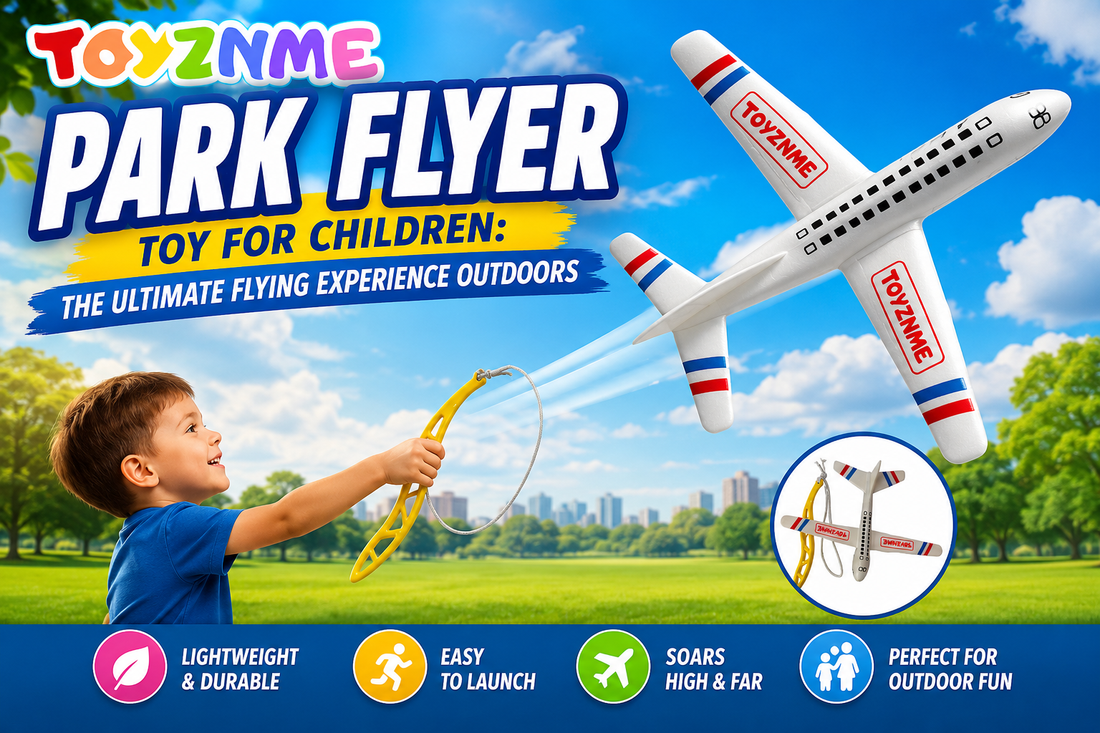 Toyznme Park Flyer Toy for Children flying glider airplane with launcher for outdoor play and long-distance flight.