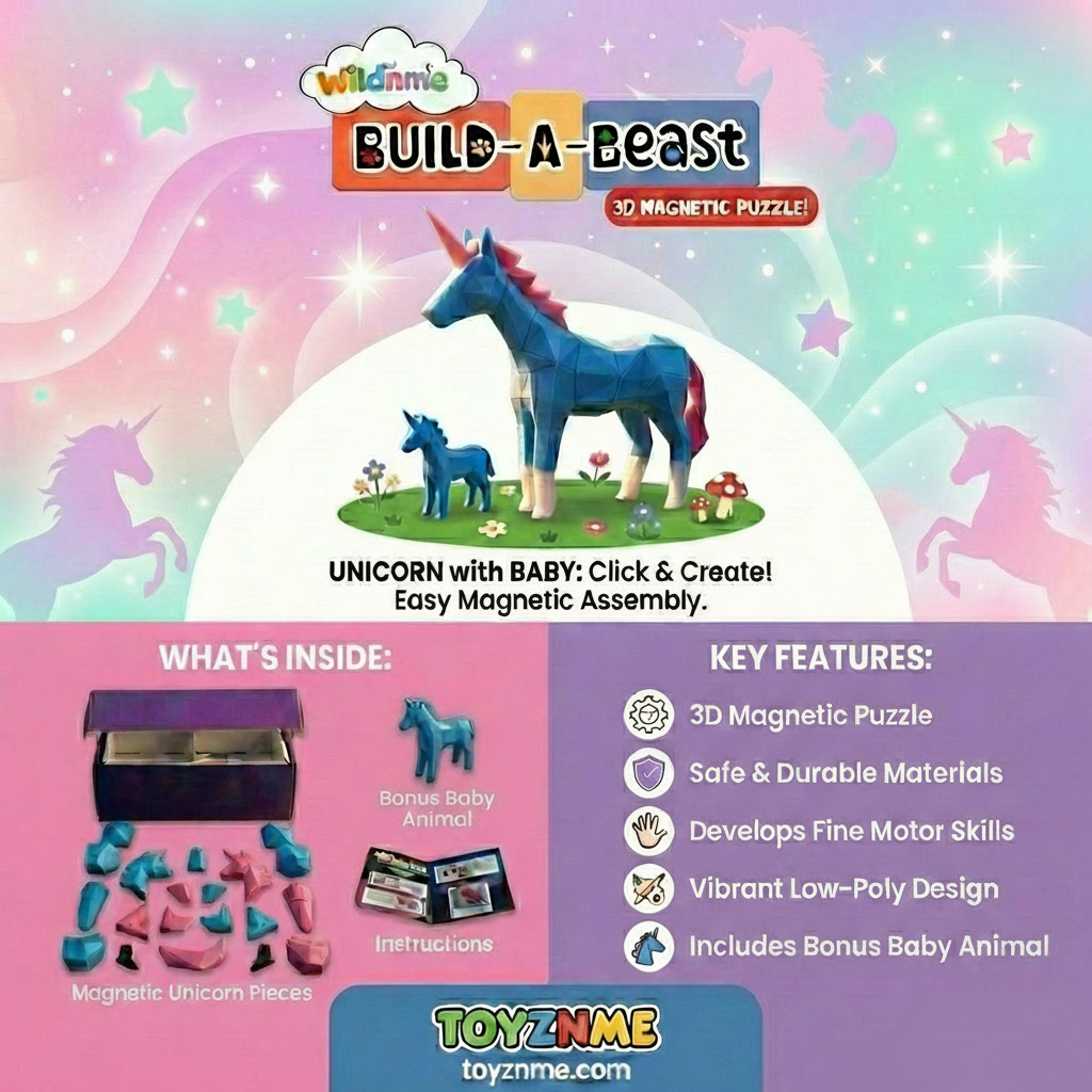 3D Magnetic Blue Unicorn Puzzle - Trending Toy For Kids & Adults